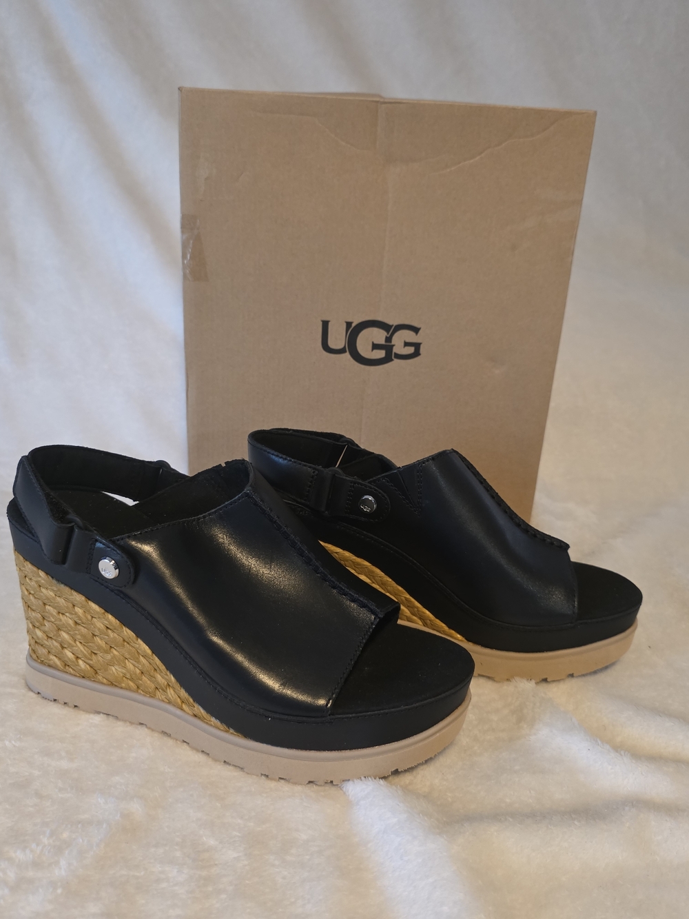 UGG Black Leather Wedge Sandals with Braided Espadrille Heel